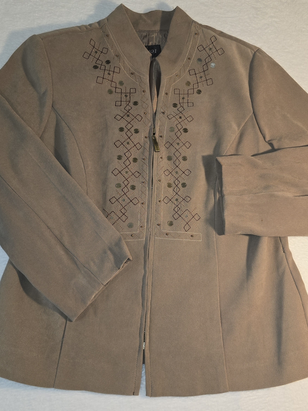Studio I Faux Suede Jacket Size 12 Tan Embroidered Boho Zip Up